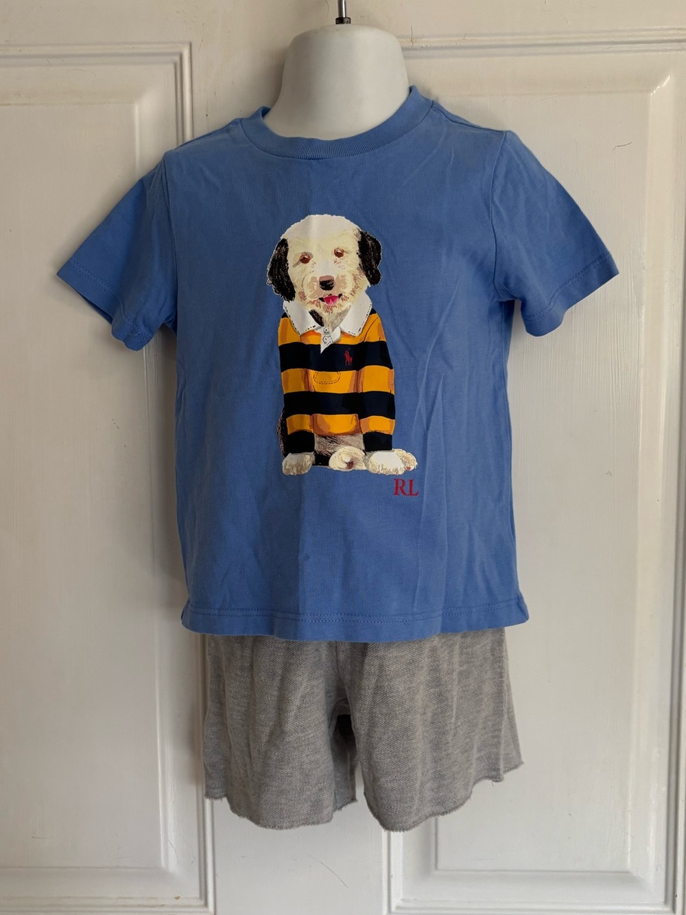 18m Polo Ralph Lauren Dog-Print short sleeve tee/gray raw edge shorts.  In EUC!